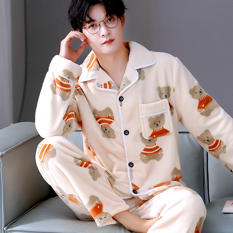 睡衣男秋冬加厚珊瑚绒套装可外穿家居服保暖长袖春秋大码法兰绒48