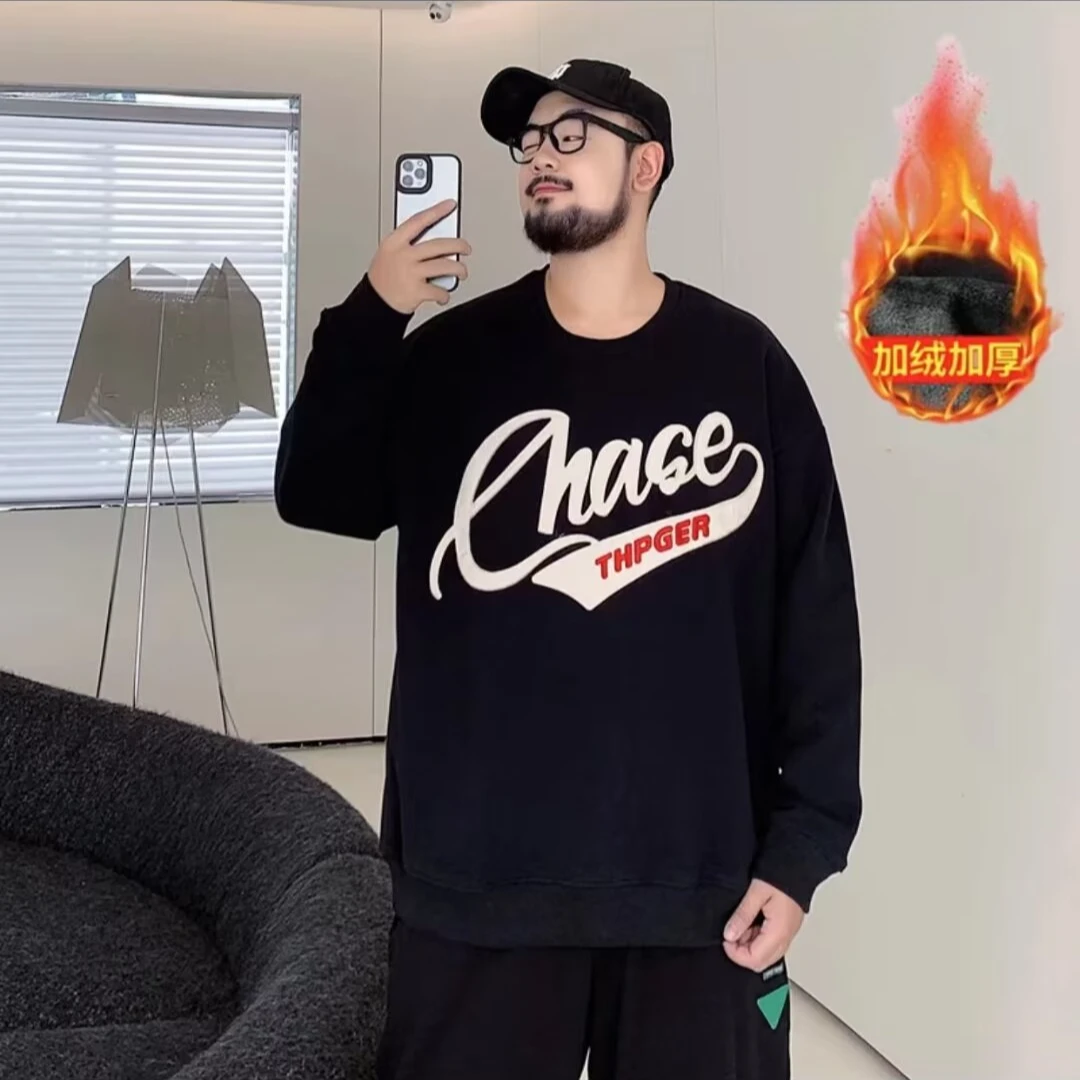 300斤胖胖大卫衣圆领加绒加厚冬季套头宽松时尚休闲长袖保暖印花