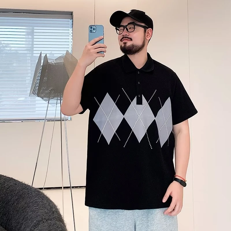 300斤胖胖夏季大码宽松翻领polo衫休闲重工男士拼接半袖轻奢短袖
