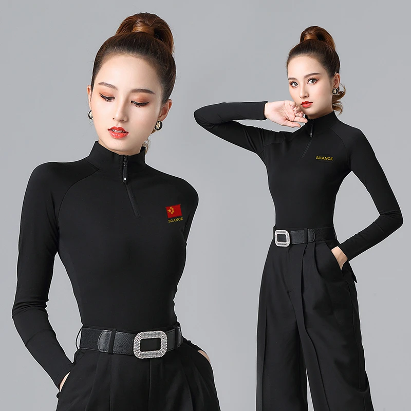 绚悦拉丁舞上衣女成年秋冬季长袖拉链小高领摩登舞蹈练功跳舞服