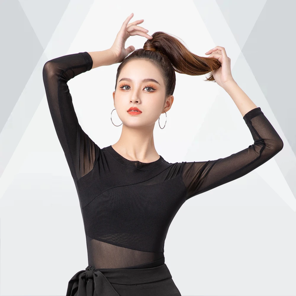 拉丁舞上衣女舞蹈服新款黑色长袖练功服比赛成人交谊舞女款摩登舞
