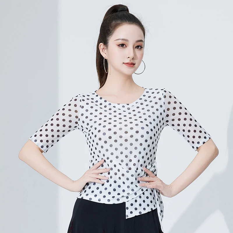 古典舞练功服白色上衣女新款拉丁摩登华尔兹跳舞蹈上衣中长袖衣服