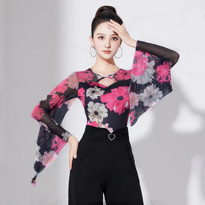 舞蹈服广场舞女士新款连体跳舞飘袖摩登舞上衣交谊舞服高档比赛服