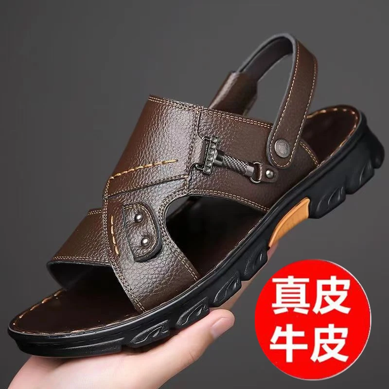2024新款两用男士真皮凉鞋夏季防滑软底耐磨沙滩鞋休闲拖鞋