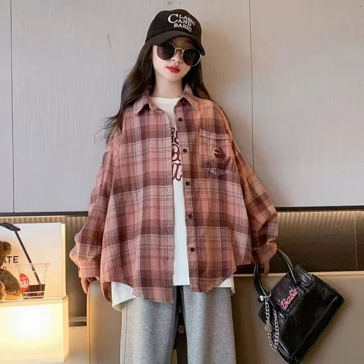 女童衬衫外套春秋新款中大童休闲格子开衫衬衣女孩宽松百搭上衣潮