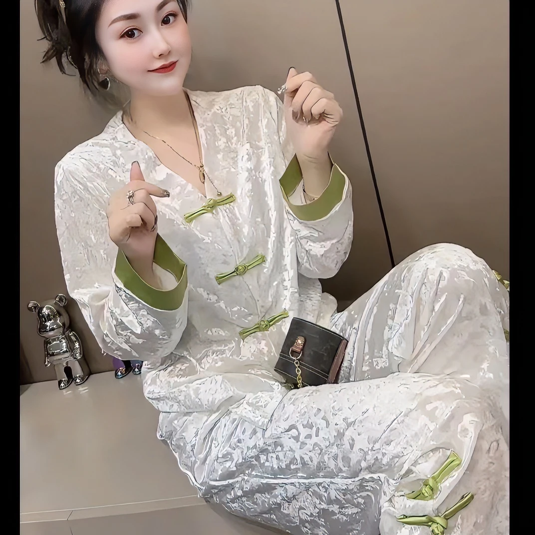 网红爆款轻奢睡衣女套装盘扣中式秋季时尚秋冬新款中国风家居睡衣