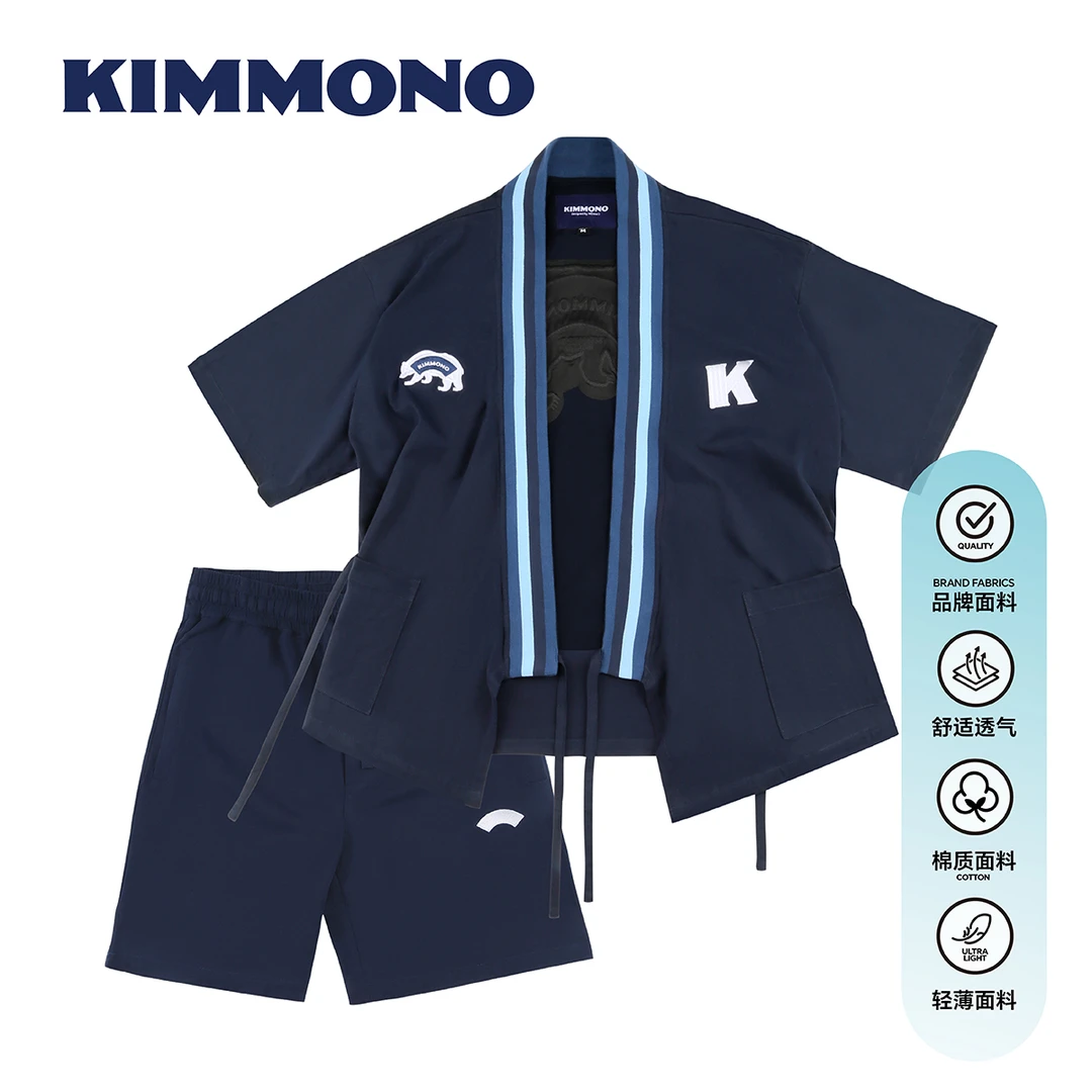 KIMMONO熊系日系刺绣藏青5分袖甚平开衫浴服套装和服外套