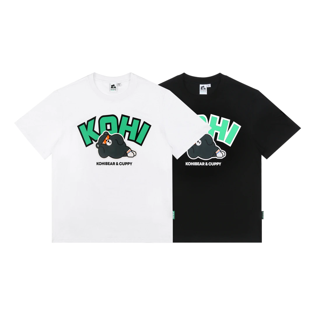 MMLAB KOHIBEAR咖啡熊夏季新品萌系卡通印花白色黑色圆领短袖T恤