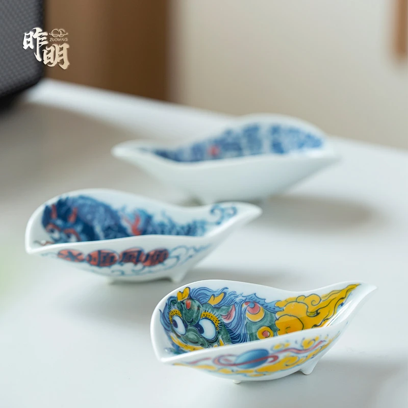 昨明龙鱼醒狮祥龙茶则国潮国风原创设计景德镇茶具自用送礼