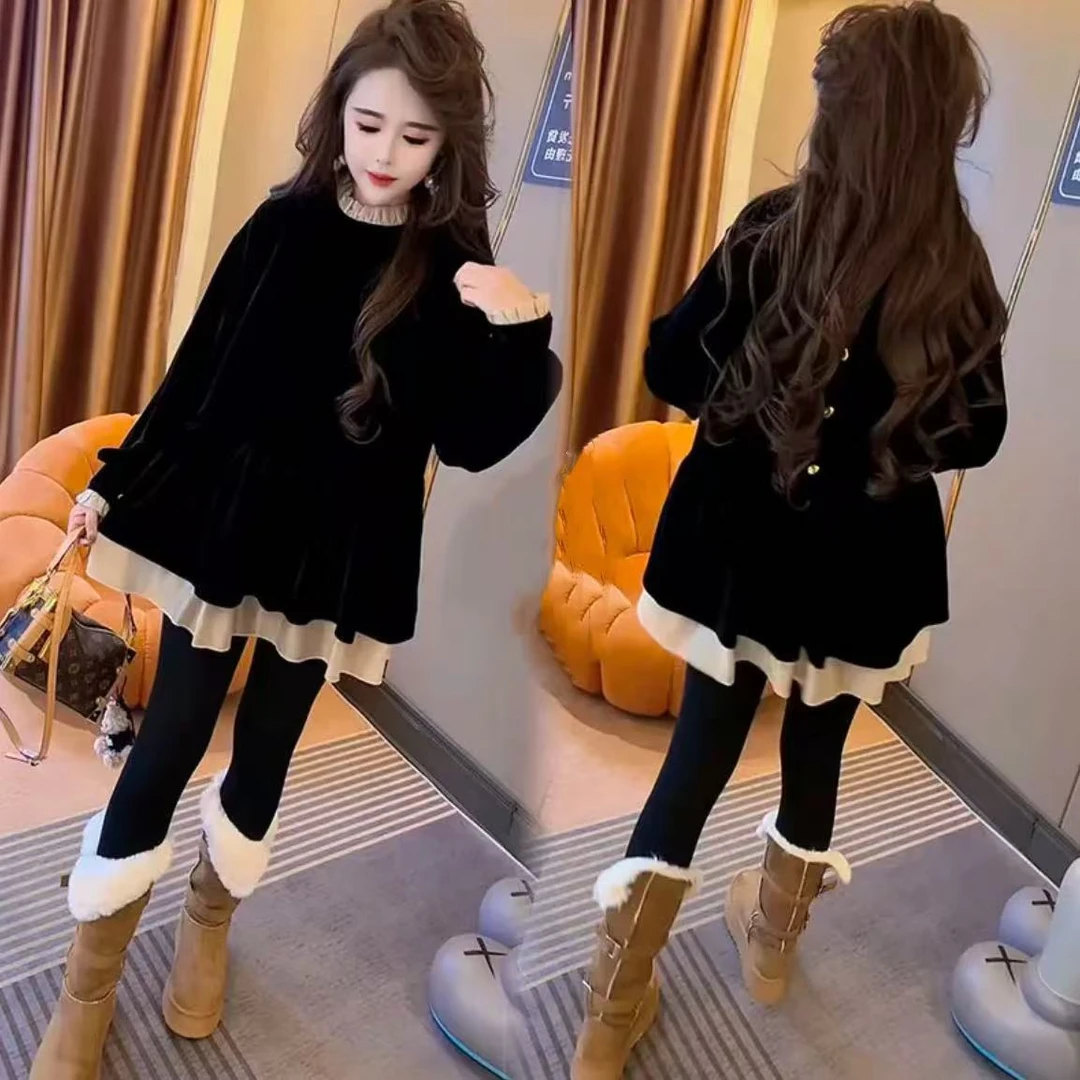 法式减龄感名媛连衣裙女2024冬季新款圆领荷叶边宽松腰丝绒A字裙