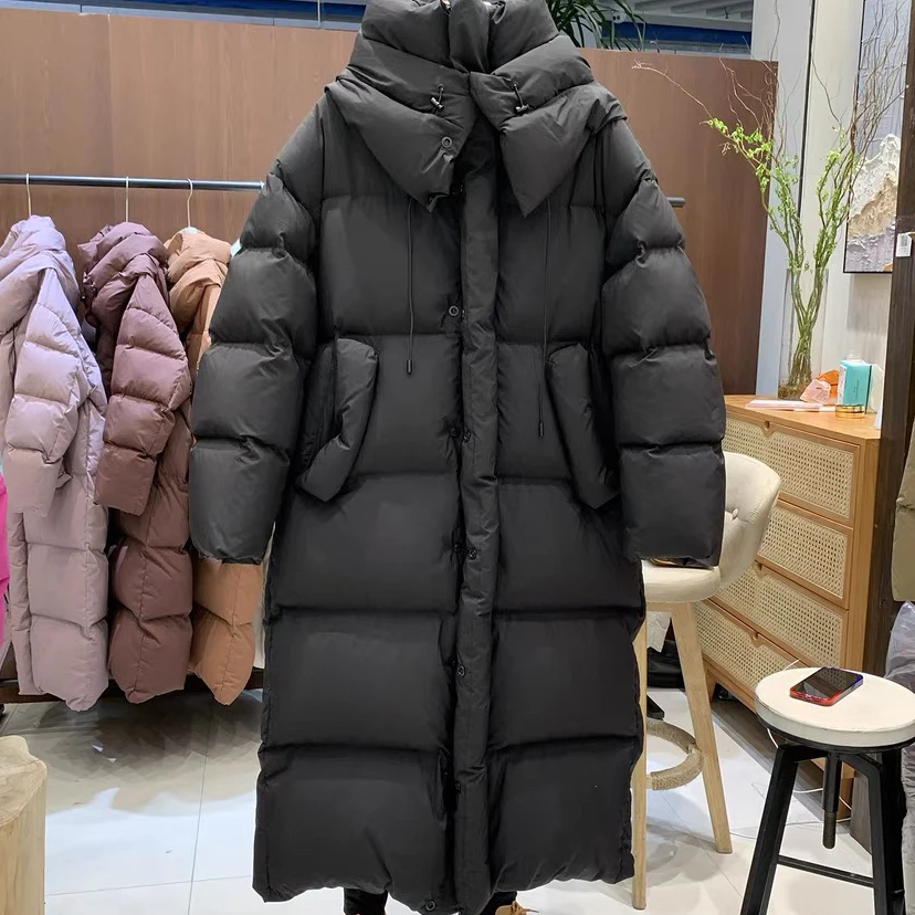 韩式过膝【保暖羽绒服】长款超大被子羽绒服连帽加厚定版白鸭绒
