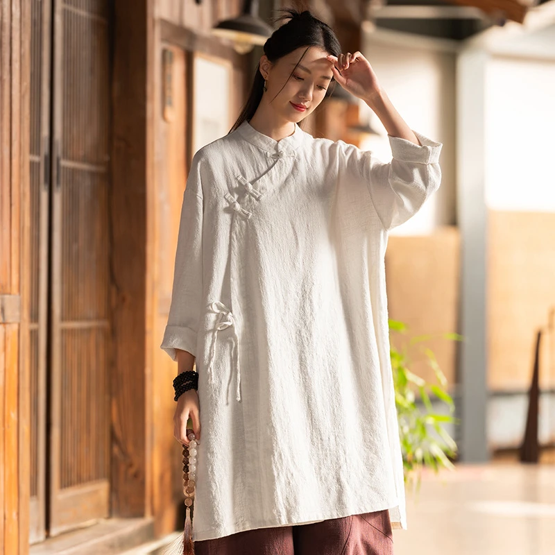 2025中式盘扣中国风长衫春新款复古棉麻上衣中长斜襟爆款改良汉服