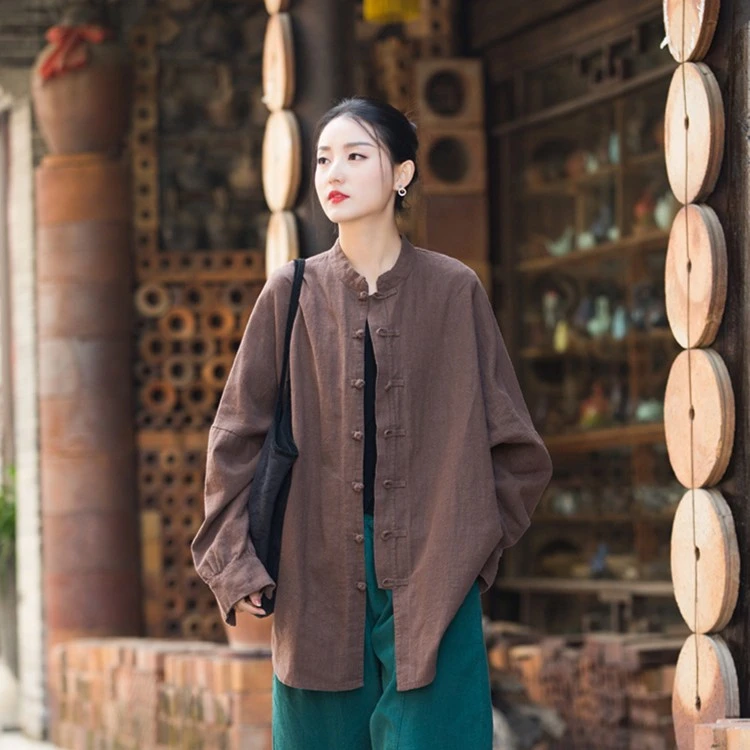 秋棉麻上衣女外套春秋做旧砂洗盘扣上衣中式禅系茶服旅拍开衫女