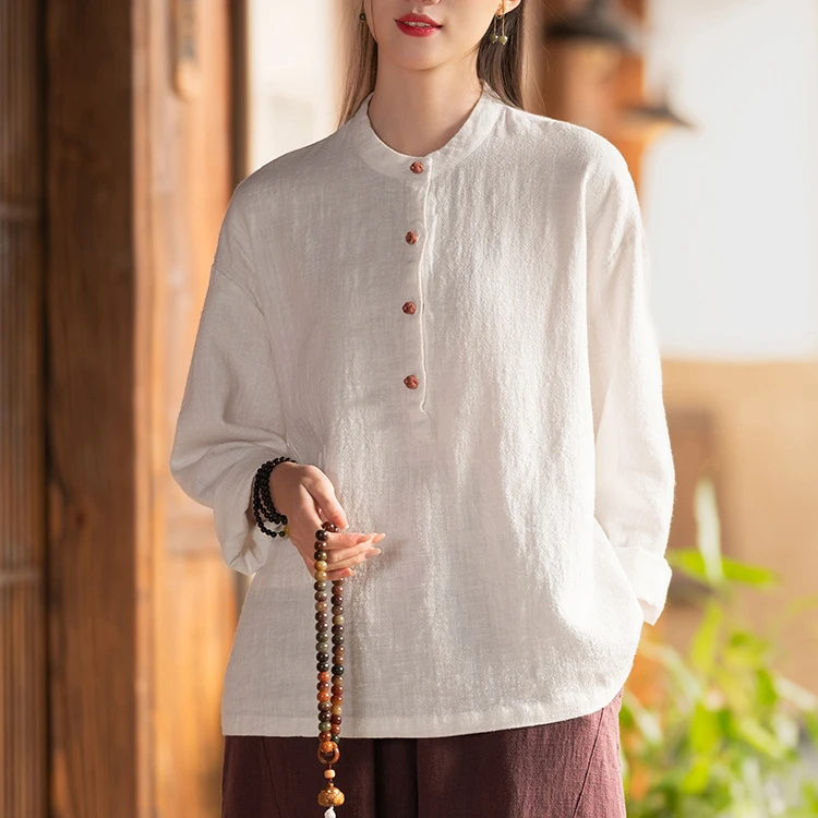 春夏薄款长袖T恤新中式文艺盘扣立领上衣女中国风宽松复古套头衫