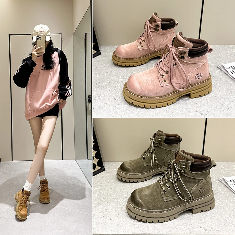 2025新款时尚百搭秋冬马丁靴女复古机车厚底短靴工装真皮女大黄靴