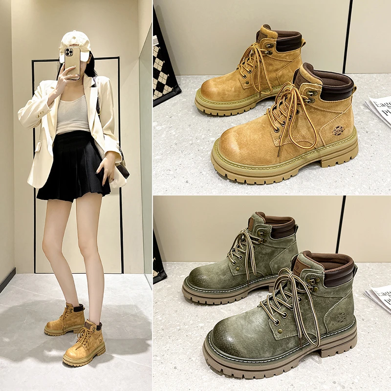 2025秋季英伦风马丁靴女复古机车休闲厚底百搭短靴工装真皮大黄靴