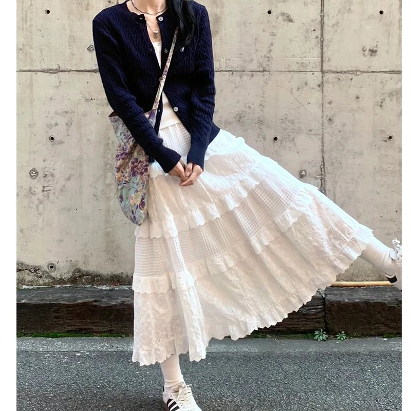 温柔风小个子白色女春夏中长款碎花蕾丝蛋糕裙显瘦半身裙气质时尚