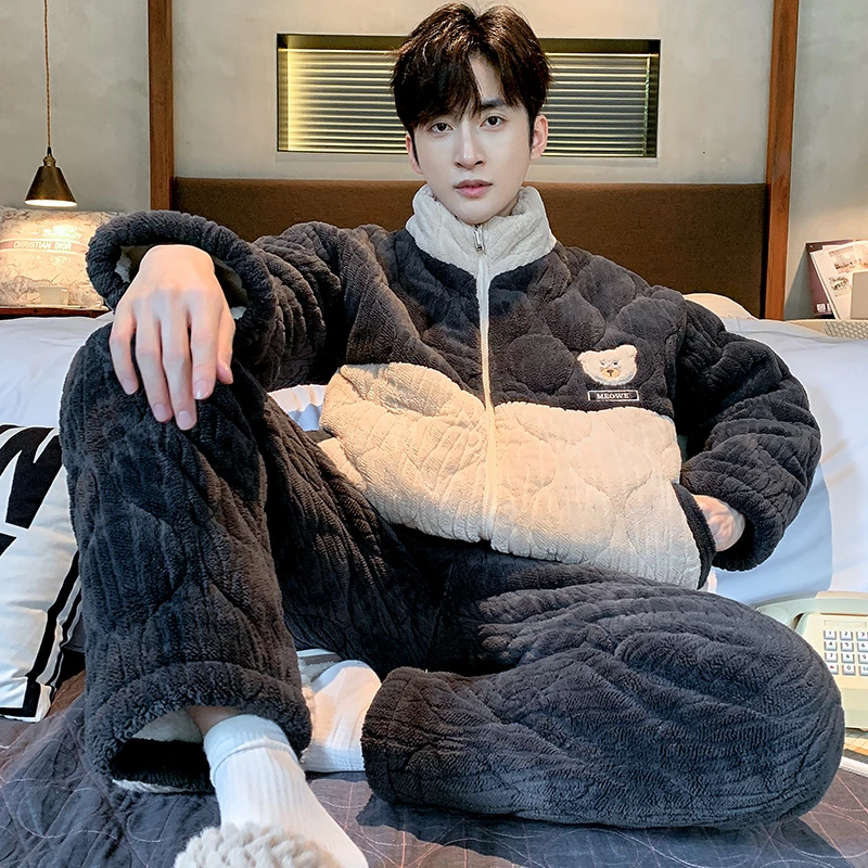 2023男款家居服三层夹棉加厚立领拉链套装可外穿冬季高档睡衣休闲