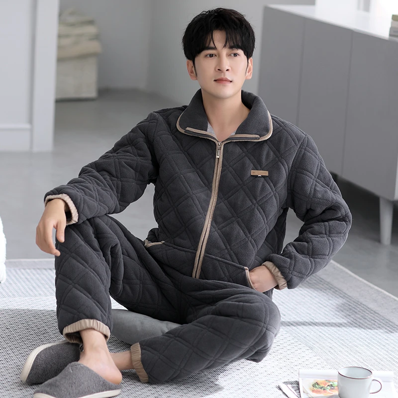 2024男款高端夹棉套装可外穿男士冬季加绒加厚高档睡衣休闲家居服