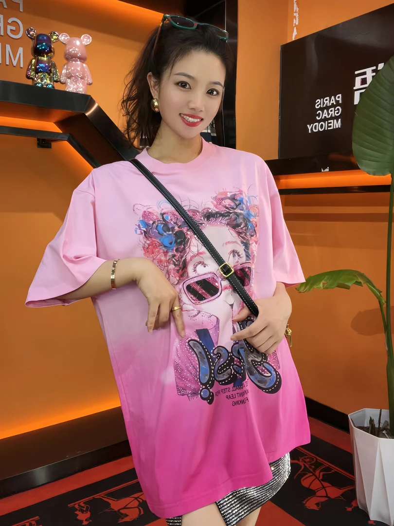 T恤（001-200）夏季爆款纯棉印花烫钻宽松版大板重工T恤