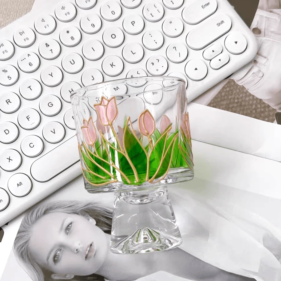 【2只装】水晶玻璃手把杯郁金香高脚立体贴绘玻璃杯喝水杯情侣杯