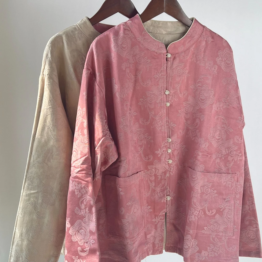 尘染春秋季新中式立领斜襟盘扣茶服女文艺复古棉麻提花小衫上衣