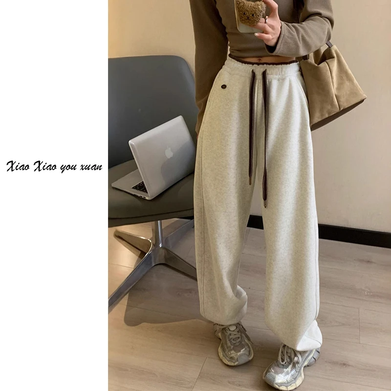 【原版品质】韩版e家秋冬加绒加厚休闲裤女百搭拼色高腰雪地束脚裤