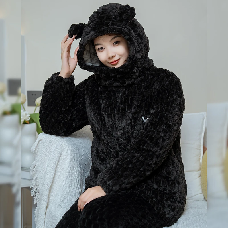秋冬季带帽睡衣女三层加厚保暖法兰绒家居服冬天加绒宽松套装外穿
