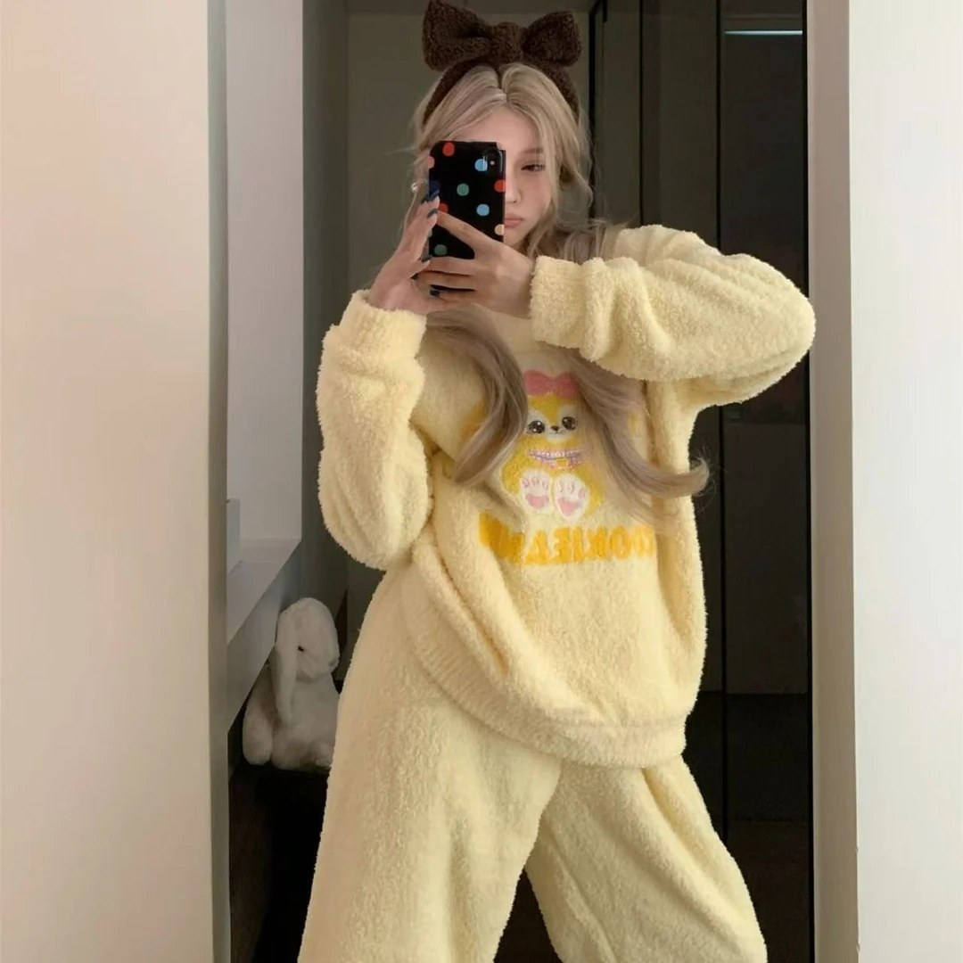 秋冬季半边绒加绒加厚大码长袖长裤卡通可爱软绵绵女士家居服套装