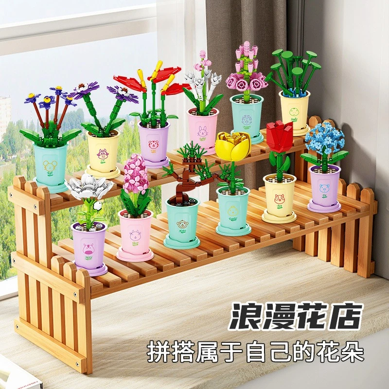 中国积木多肉植物盆栽花束小颗粒拼装玩具益智女生六一节520礼物