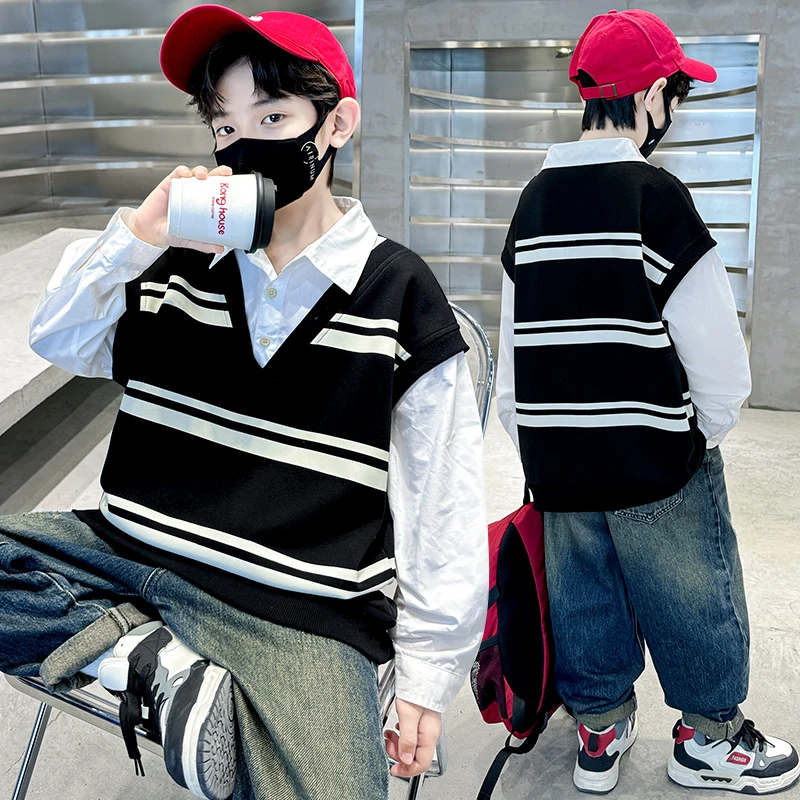 男童假两件衬衣秋装新款2024中大童男孩上衣洋气时髦儿童秋季衬衫