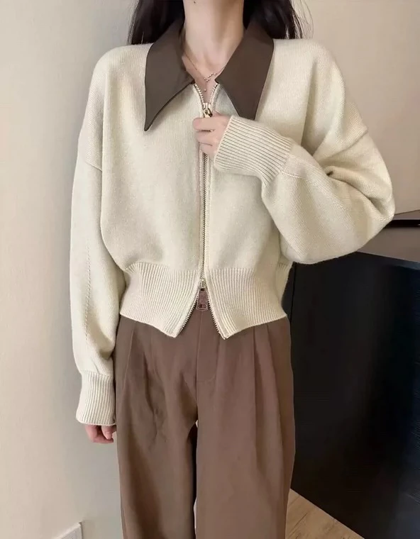 欧货高级感皮POLO领拼接针织开衫双头拉链慵懒风浣熊绒毛衣外套女