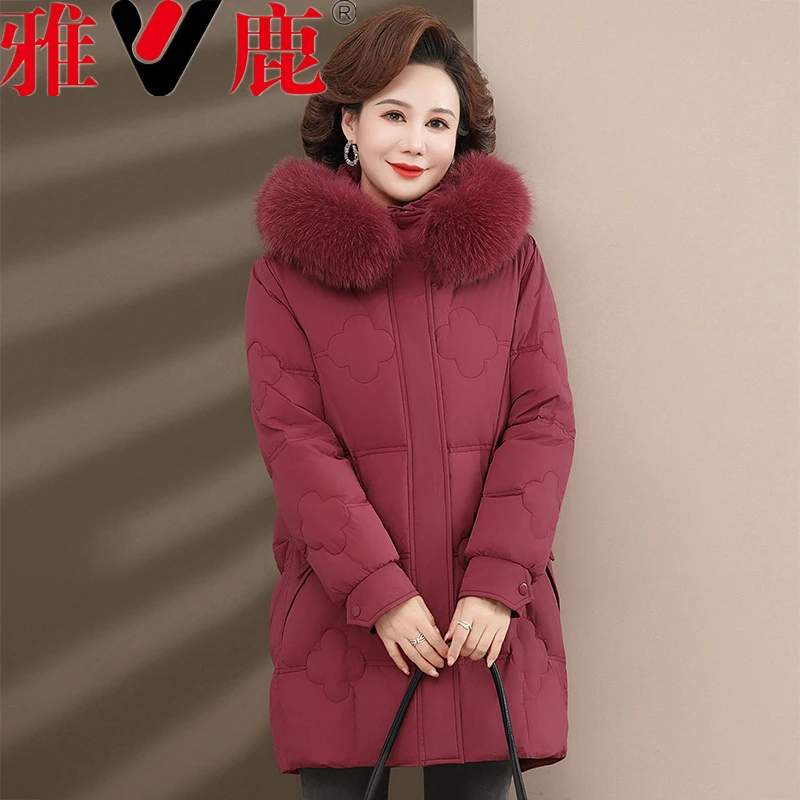 V/雅鹿中老年妈妈羽绒服冬季2024新款狐狸毛领厚款中长款保暖外套