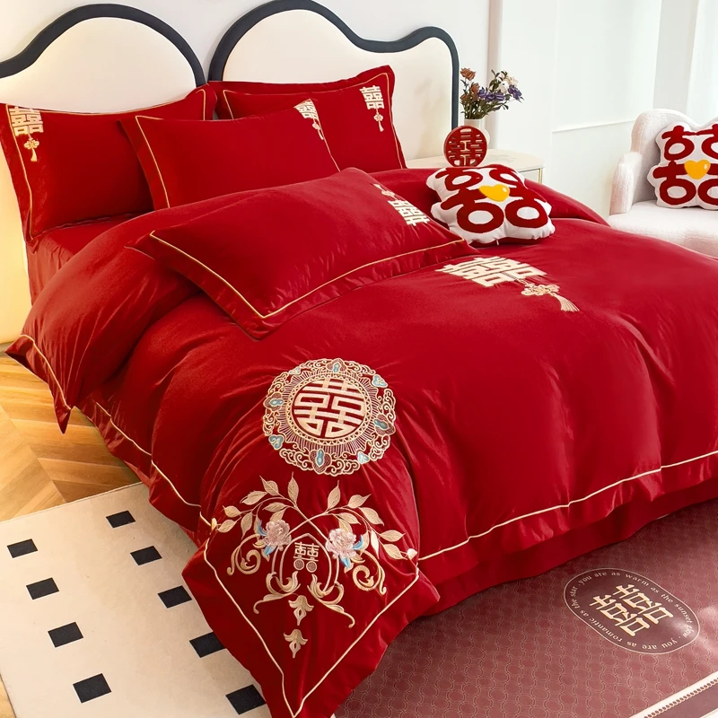 结婚亲肤床品四件套婚庆被罩陪嫁妆被套床单床笠新婚床上用品四季