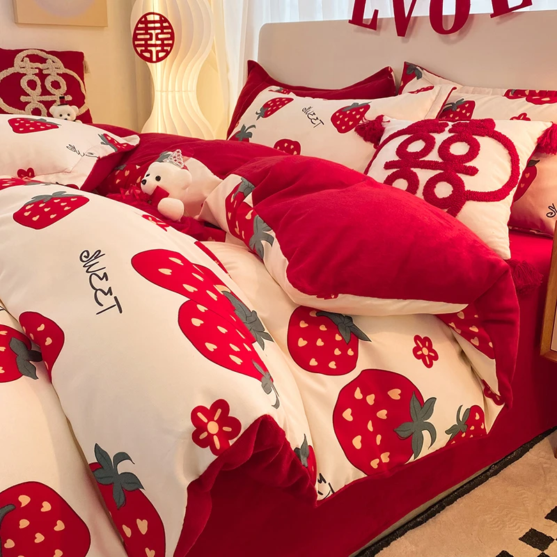 牛奶绒结婚床上四件套红色珊瑚绒法兰绒被套新婚庆床单笠被罩婚用
