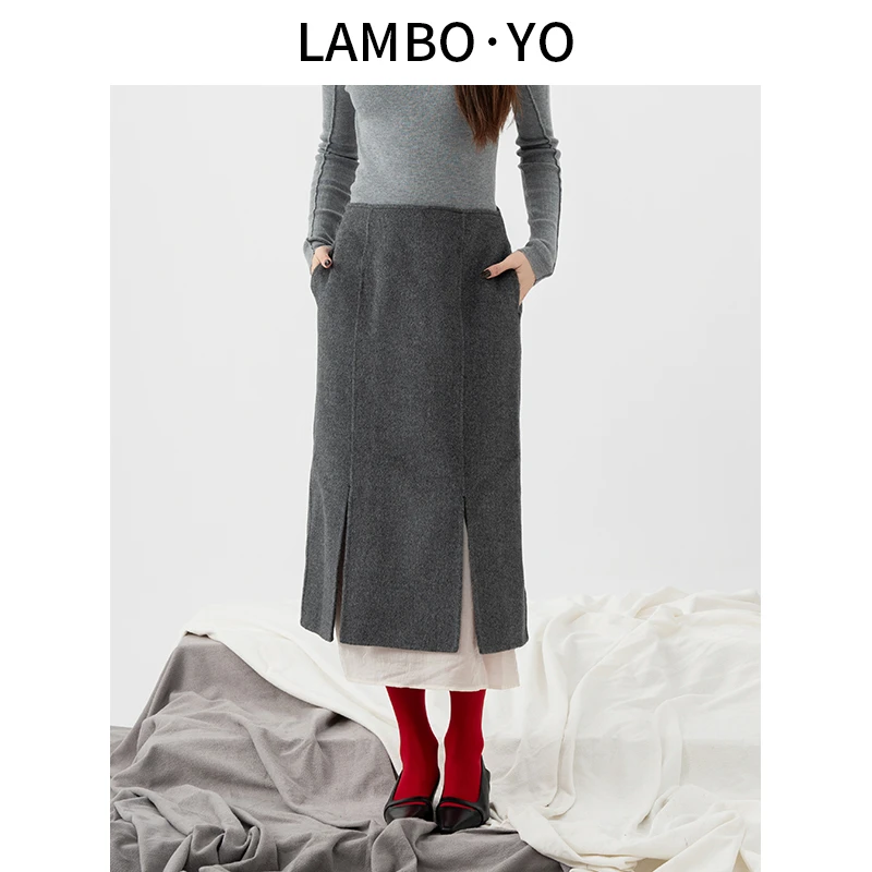 LAMBOYO2024冬季新款呢裙子高腰开叉拼接设计双面呢半身裙