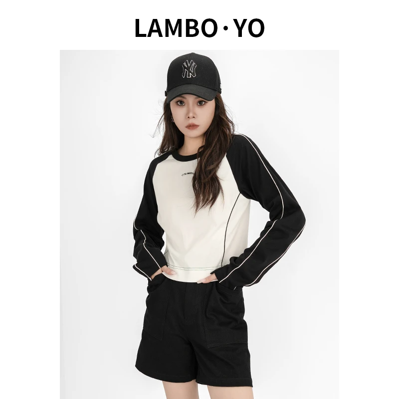 LAMBOYO24秋季新款圆宽领长袖T恤拼接小短款走线设计复古显瘦