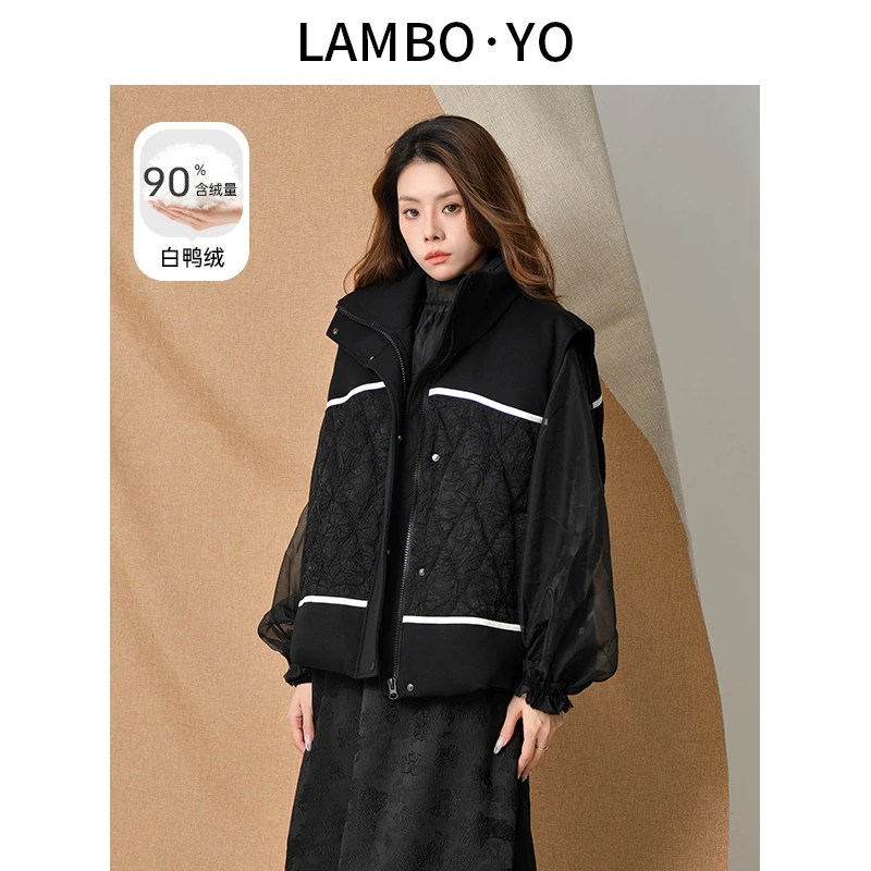 LAMBOYO2024冬季新款撞色休闲翻领外套褶皱时尚廓形马夹