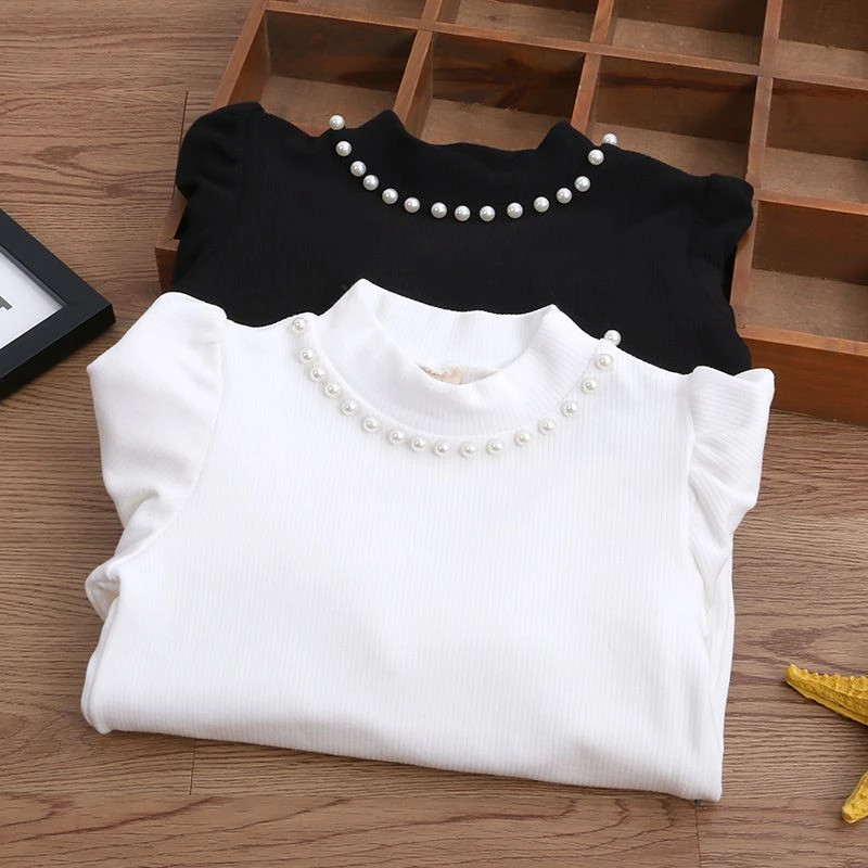 女童泡泡袖打底衫长袖春秋中大童百搭加绒t恤外穿女孩上衣棉韩版