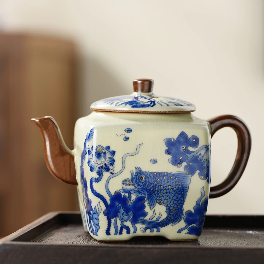 岑汝四方壶青花鱼藻纹茶壶开片可养