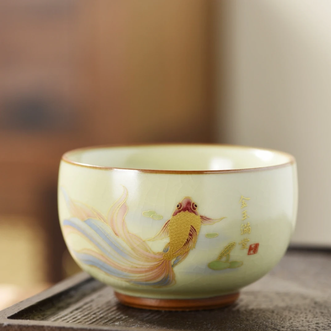 岑汝金玉满堂禅定杯开片可养陶瓷主人杯