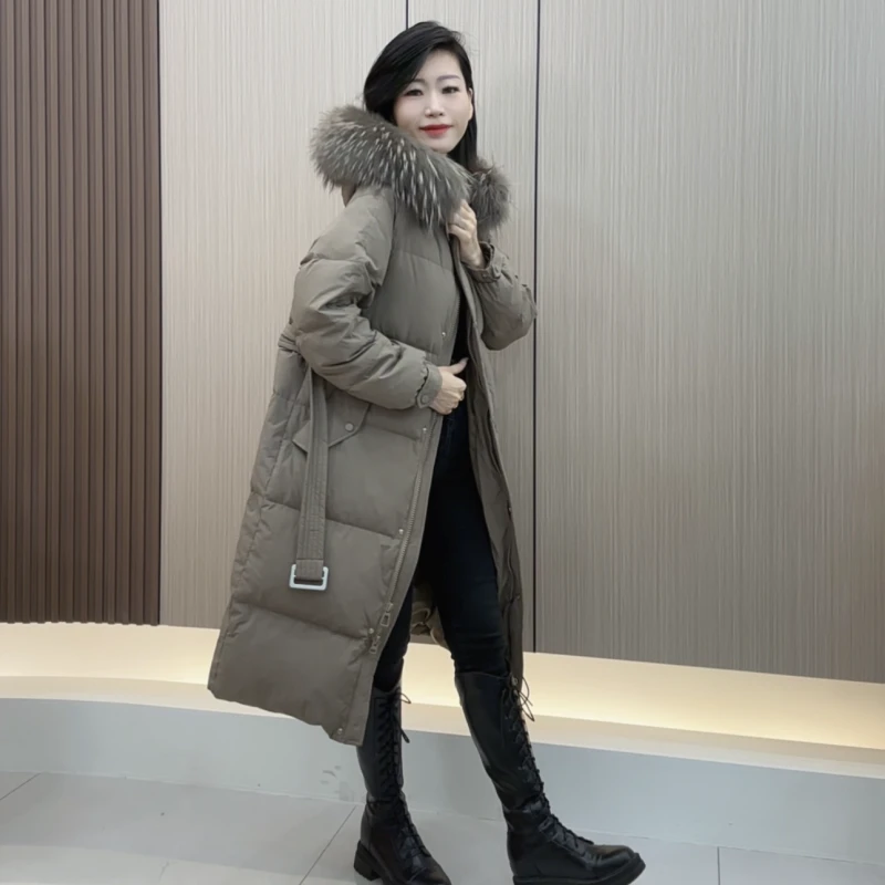 【腰带款】羽绒服女中长款2024冬新款大毛领高级感时尚显瘦加厚外套