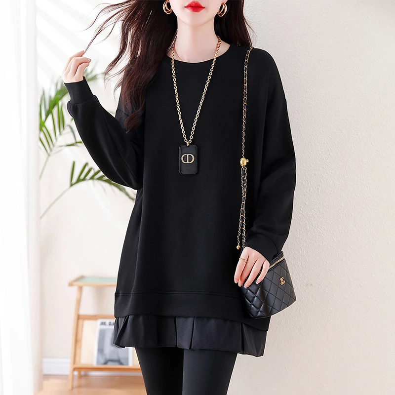 2025春秋新款拼接设计感荷叶边纯色中长款卫衣大码宽松显瘦上衣女