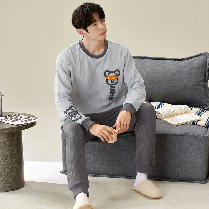 男士睡衣秋冬季加厚2025年新款中青年保暖空气加棉夹层家居服套装