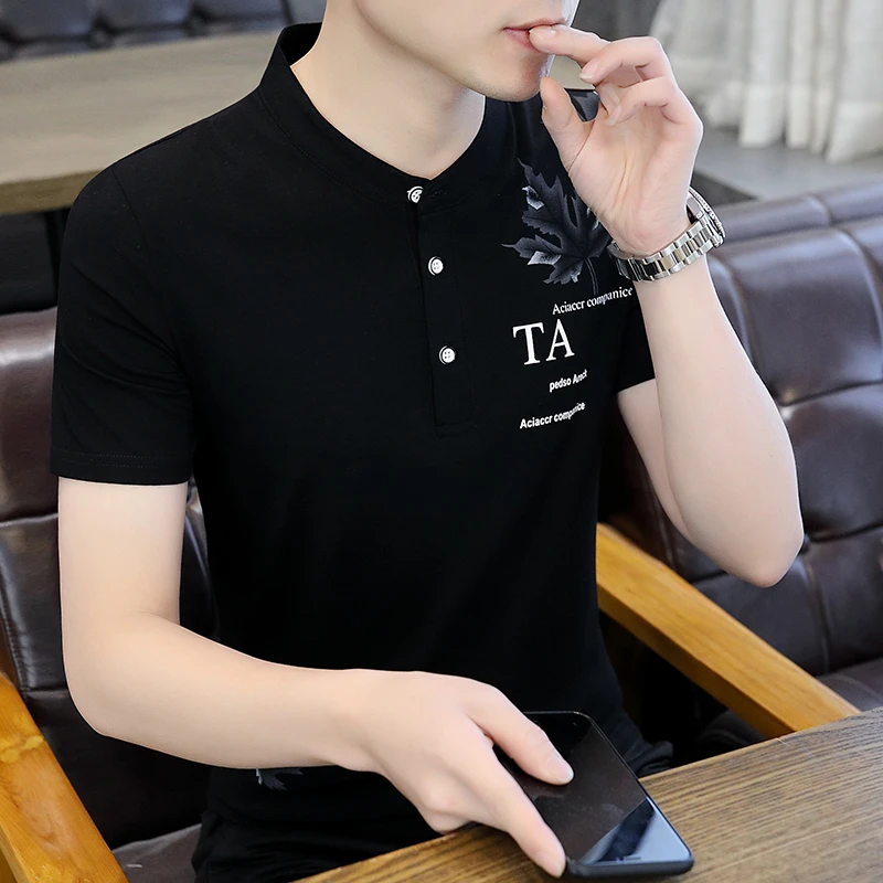2025男士夏季新款立领短袖T恤时尚潮流休闲帅气百搭印花半袖上衣