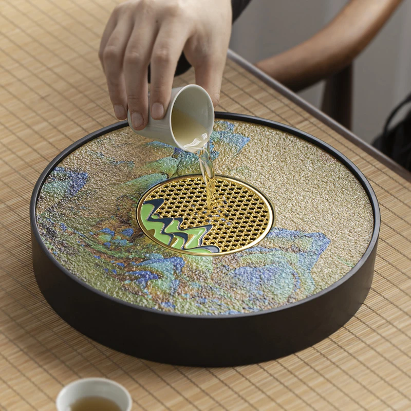 小型圆形仿乌金石茶盘茶海储排两用轻奢沥水简约干泡台家用托盘