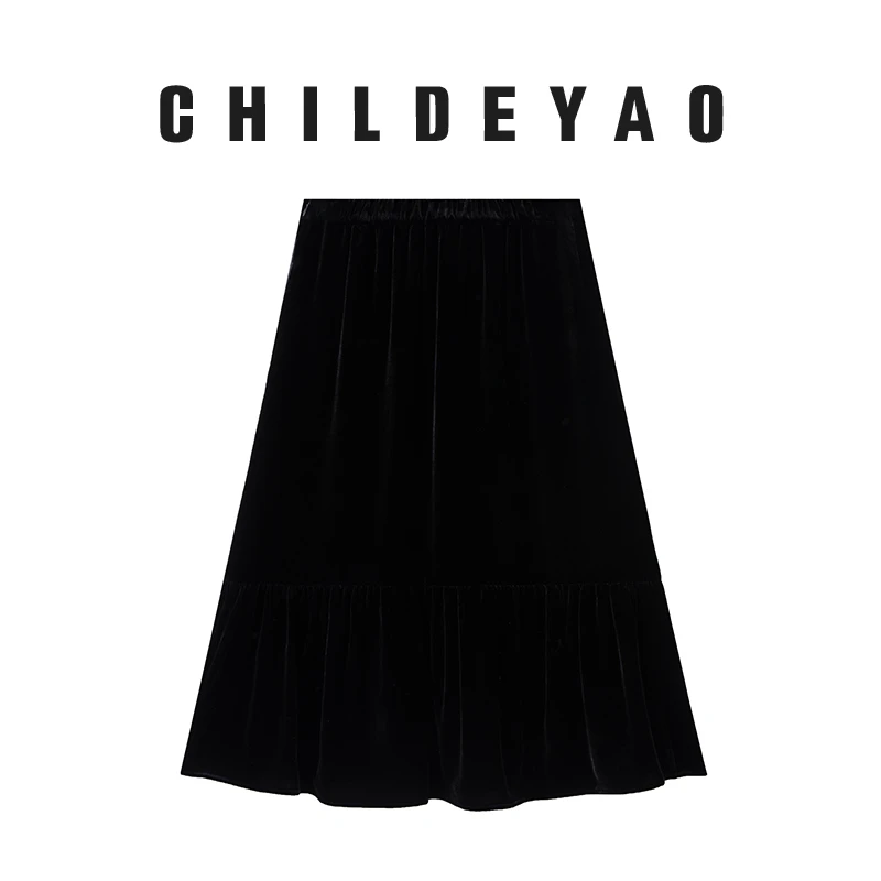 Childe Yao时尚气质重磅丝绒褶皱半身裙松紧腰A字过膝半裙1087