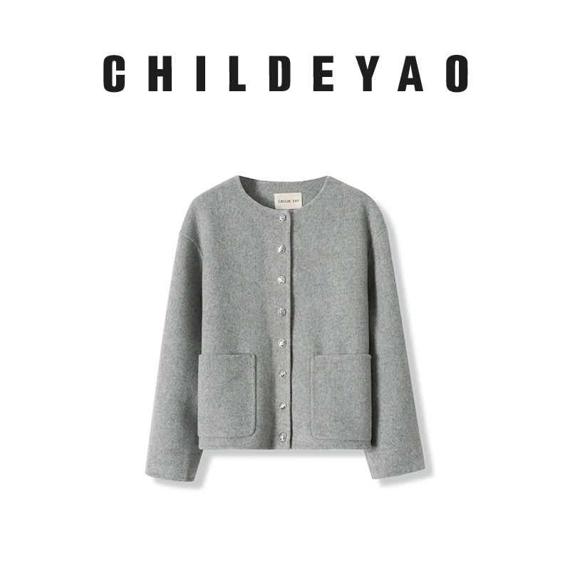 【嘉禾望岗】绵羊毛外套女秋冬箱型单排扣圆领双面呢FYM3102