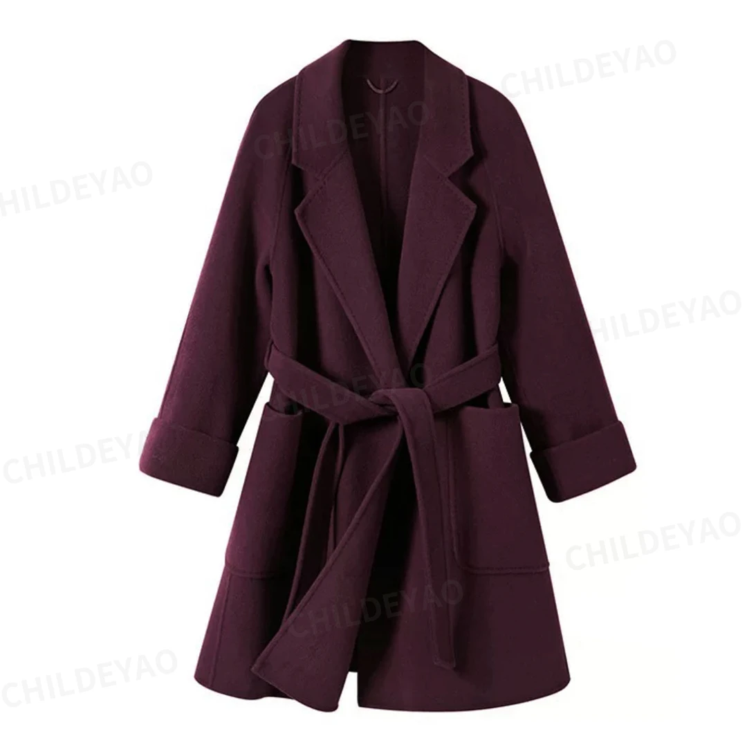 女士宽松毛呢网红秋冬新款100绵羊毛气质中长款系带大衣 N409101