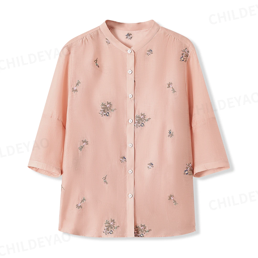 Childe Yao『花前悦夏』桑蚕丝棉立领刺绣时尚宽松短袖上衣 S406004